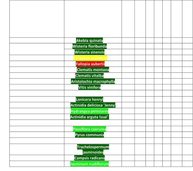 Hollandse naam          Latijnse naam                   Akebia    Akebia quinata     - 20    5    3    x    x    3    - /x    Blauwe regen    Wisteria floribunda     - 15    8    3    x    -     4    x    Wisteria sinensis     - 15    20    4    x    x    4    x    Boomwurger    Celastrus scandens     - 20    10   3    x    x    3    x    Bruidssluier    Fallopia aubertii     - 15    10    5    x    x    5    x    Clematis, vroeg    Clematis montana   - 20    7    2    x    -     2    -     Clematis, laat    Clematis vitalba     - 20    10    2    x    x    2    -     Duitse pijp    Aristolochia macrophylla   - 20    10    5    x    x    3    x    Druif    Vitis vinifera     - 20    30    4    x    x    4    x    Ipomoea    Ipomoea tricolor     0    3    -     x    x    1    nvt    Kamperfoelie    Lonicera henryi     - 20    5    3    x    x    2    x/ -     Kiwi    Actinidia deliciosa 'Jenny'   - 15    10    4    x    x    4    x    Klimhortensia    Hydrangea  petiolares     - 20    6    2    x    x    2    -     Mini - kiwi    Actinidia arguta ‘Issai’     - 30    5    1    x    x    1    x    Oost - Indische kers    Tropaeolum majus     0    4    -     x    x    1    nvt    Passiebloem    Passiflora caerulea     - 10    5    2    x    -     1    x    Peer    Pyrus communis     - 30    10    1    x    -     3    x    Suzanne  met de mooie ogen   Thunbergia  alata     0    2    -     x    -     1    nvt    Toscaanse jasmijn    Trachelospermum  jasminoides   - 10    2    2    x    -     2    -     Trompetklimmer    Campsis radicans     - 15    10    2    x    x    2    x    Winterjasmijn    Jasminum nudiflorum     - 20    5    1    x    -     1    x