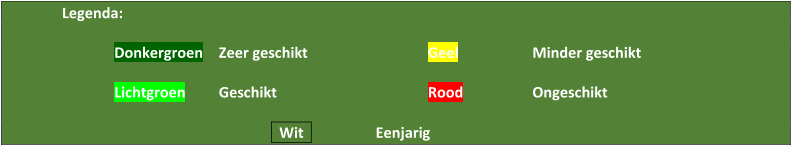 Legenda:         Donkergroen        Zeer  geschikt       Geel     Minder geschikt         Lichtgroen      Geschikt       Rood     Ongeschikt                  Wi t           Eenjarig